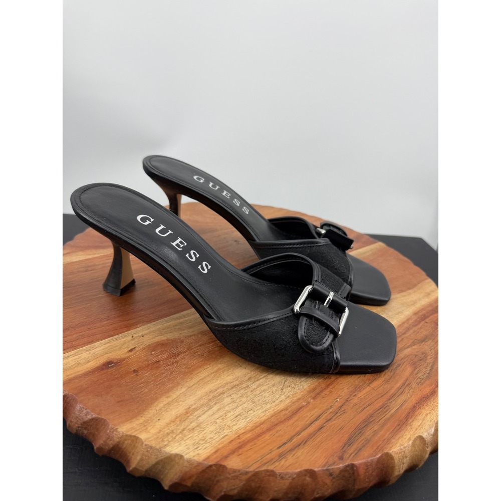 Guess Dista Buckle Strap Kitten Heel Mules Womens 7.5 Black Square Toe Slip On